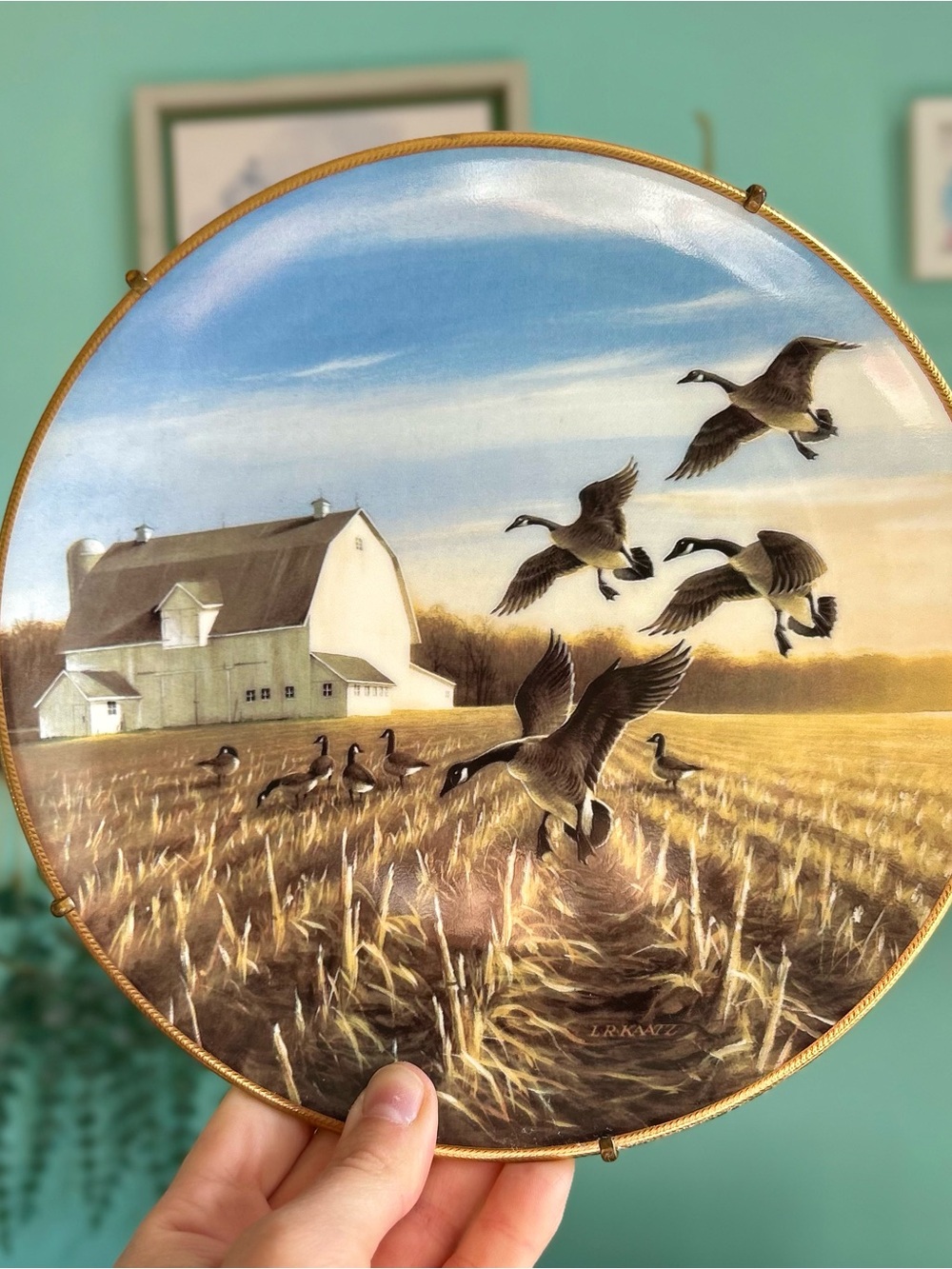 Vintage 1988 Canada Geese in the Autumn Field Porcelain Wall Plate Sign